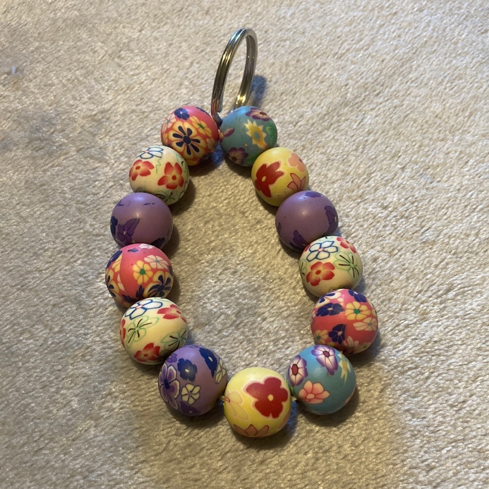 Handmade clay floral keychain holder wristlet